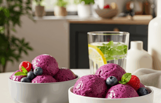 Înghețată vegană cu lapte de cocos și fructe de pădure într-un bol ceramic