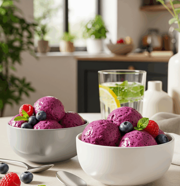 Înghețată vegană cu lapte de cocos și fructe de pădure într-un bol ceramic