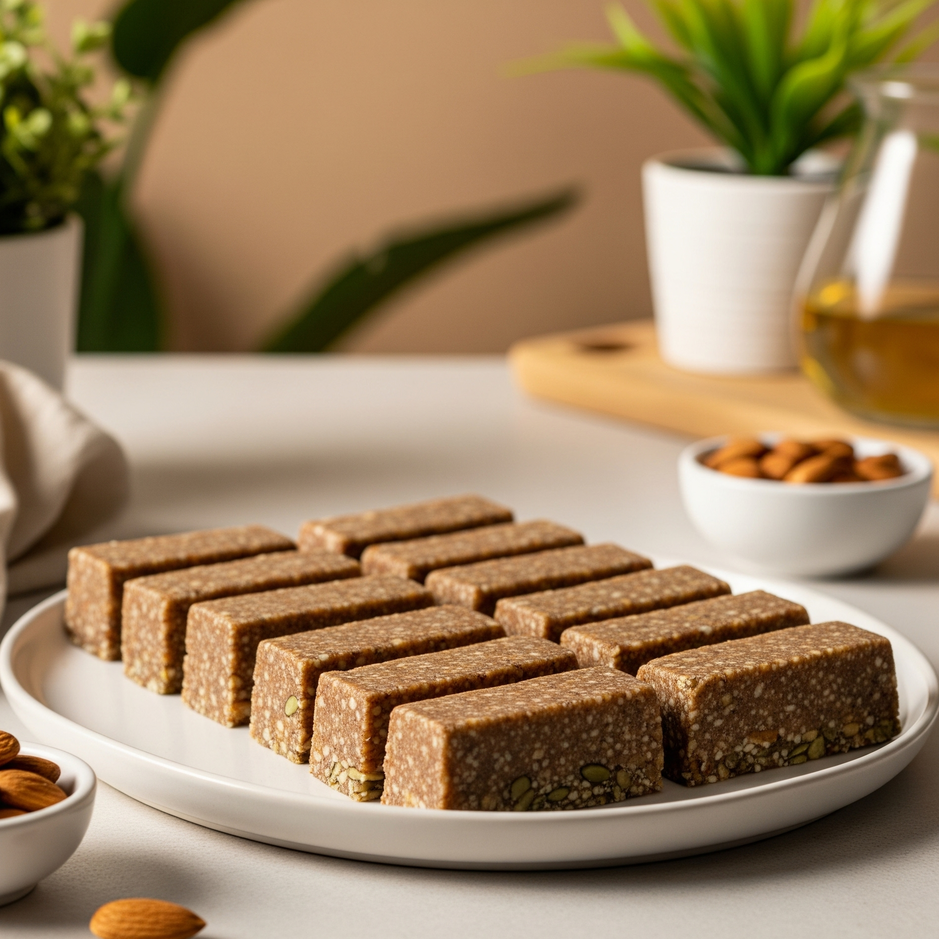 Batoane raw cu curmale, nuci și semințe, pe un platou elegant