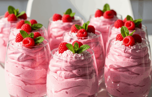 Mousse de zmeură cu lapte de cocos într-un pahar, decorat cu zmeură și mentă