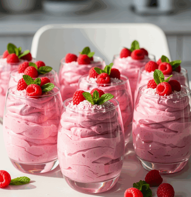 Mousse de zmeură cu lapte de cocos într-un pahar, decorat cu zmeură și mentă