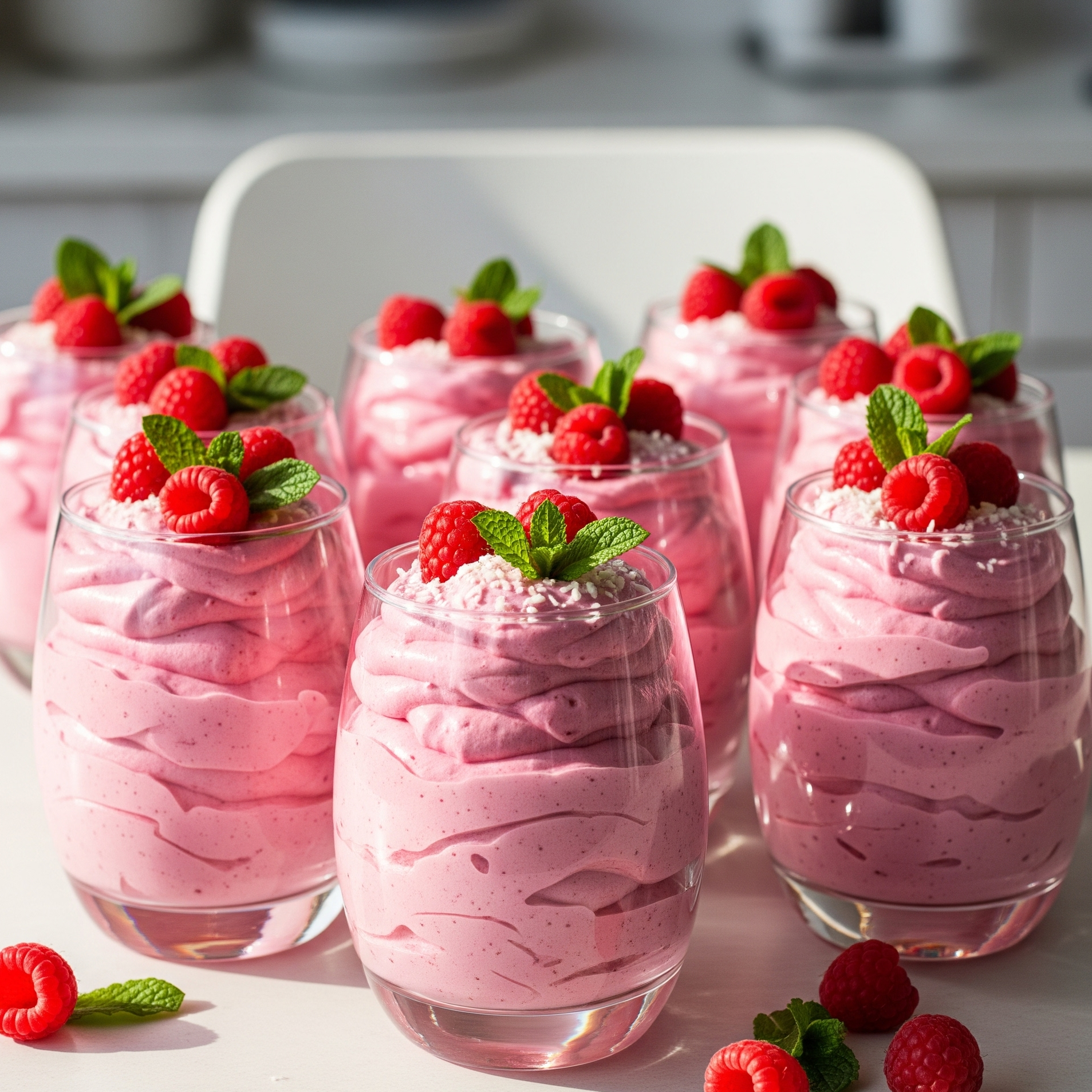 Mousse de zmeură cu lapte de cocos într-un pahar, decorat cu zmeură și mentă