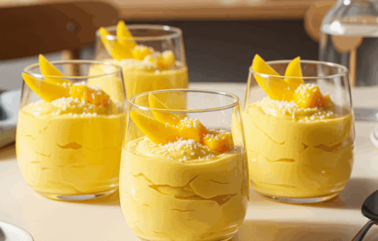 Mousse de mango cu lapte de cocos, servit în pahar cu decor tropical