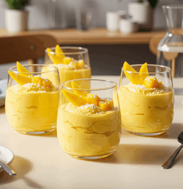 Mousse de mango cu lapte de cocos, servit în pahar cu decor tropical