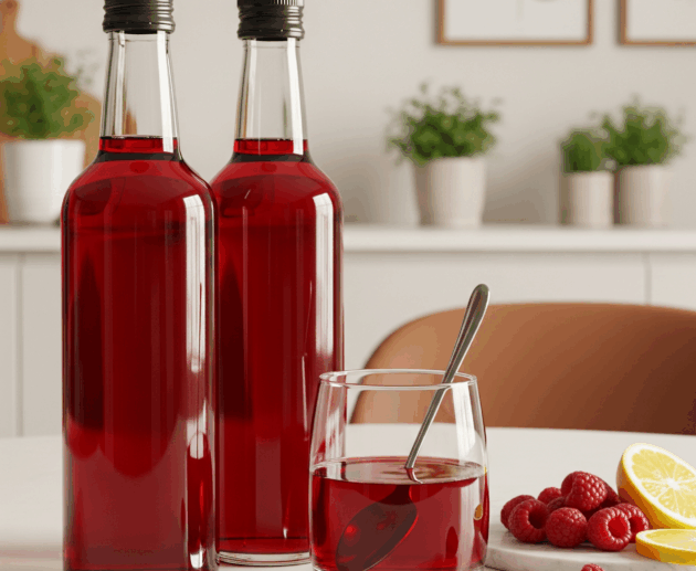 Două sticle și un pahar cu sirop de zmeură roșu intens, alături de zmeură proaspătă și felii de lămâie