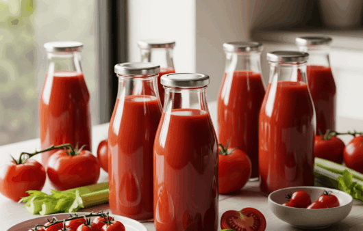 Sticle elegante cu suc de roșii roșu intens, pe masă modernă deschisă, înconjurate de roșii și frunze verzi