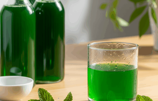 Sticlă și pahar cu sirop de mentă verde intens, pe masă modernă, alături de frunze proaspete și felii de lămâie