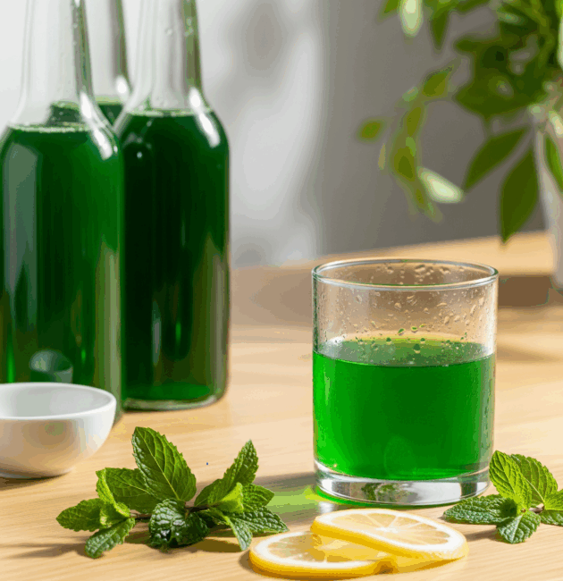 Sticlă și pahar cu sirop de mentă verde intens, pe masă modernă, alături de frunze proaspete și felii de lămâie