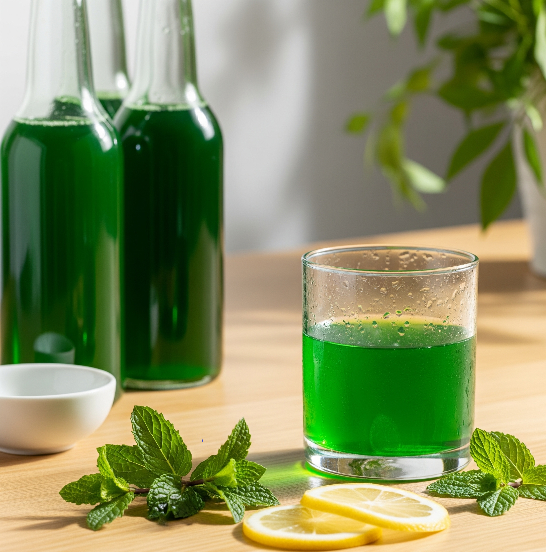 Sticlă și pahar cu sirop de mentă verde intens, pe masă modernă, alături de frunze proaspete și felii de lămâie