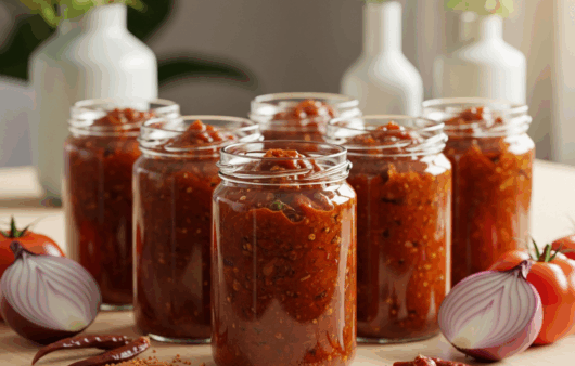 Borcan cu chutney de roșii de casă, pe masă rustică, alături de roșii proaspete, ceapă și condimente