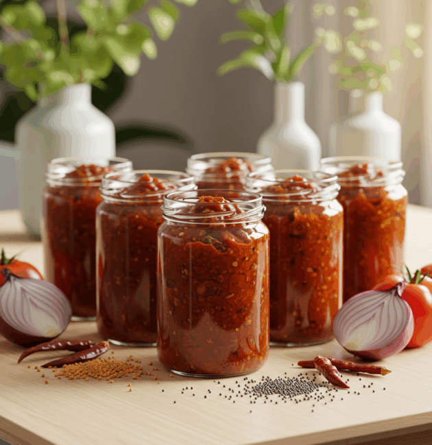 Borcan cu chutney de roșii de casă, pe masă rustică, alături de roșii proaspete, ceapă și condimente