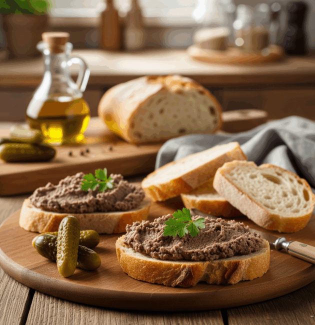 Pate de ficat de pui cremos pe pâine cu murături