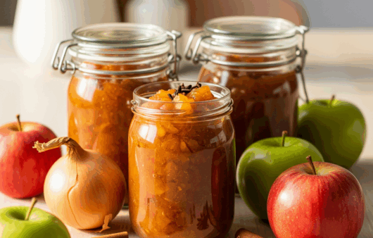 Borcane de chutney de mere și ceapă pe fundal rustic, cu mere, ceapă și condimente