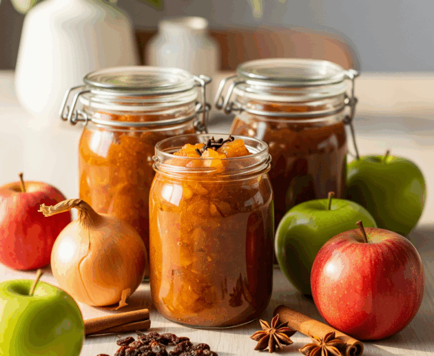 Borcane de chutney de mere și ceapă pe fundal rustic, cu mere, ceapă și condimente