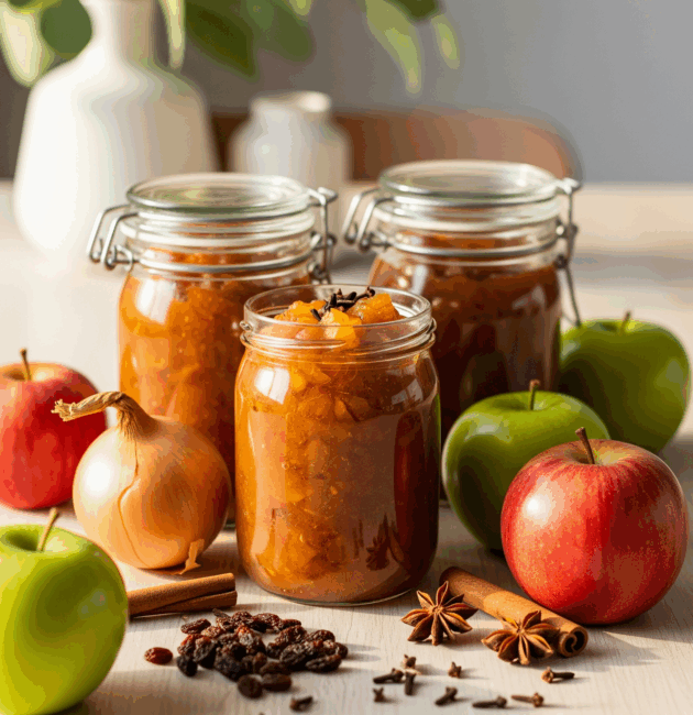 Borcane de chutney de mere și ceapă pe fundal rustic, cu mere, ceapă și condimente