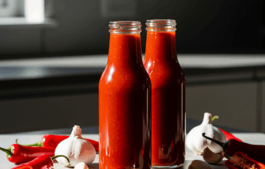 Sticlă cu sos Sriracha de casă, lângă ardei iuți și usturoi