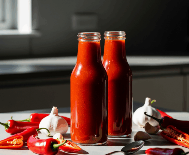 Sticlă cu sos Sriracha de casă, lângă ardei iuți și usturoi