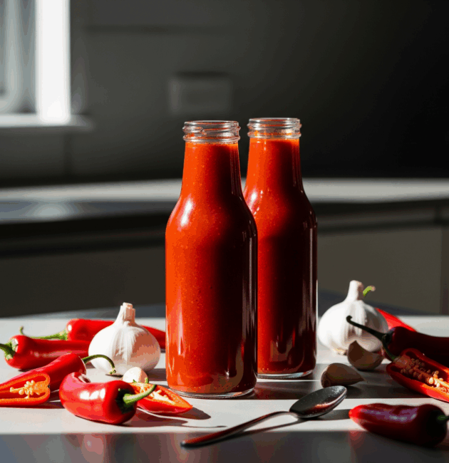 Sticlă cu sos Sriracha de casă, lângă ardei iuți și usturoi