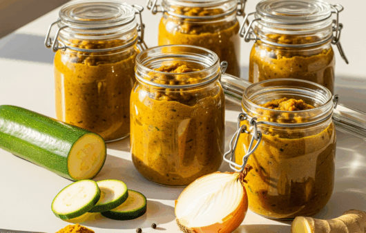 Borcane cu chutney de dovlecei cu curry, pe blat modern de bucătărie