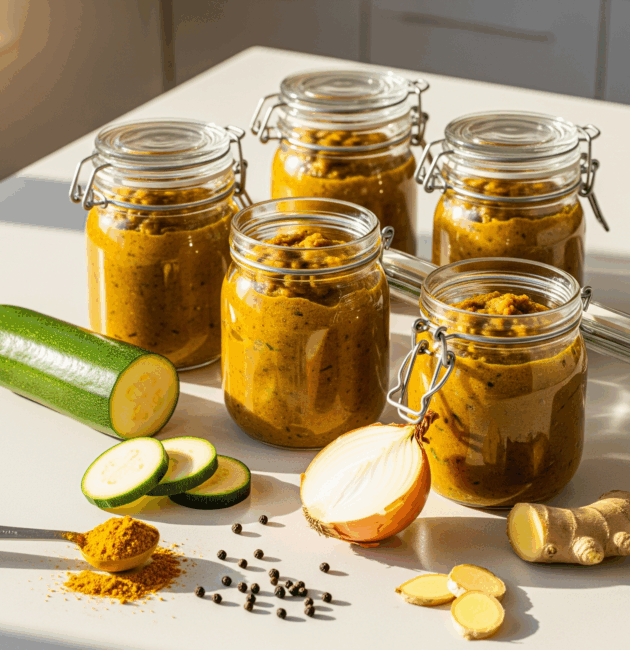 Borcane cu chutney de dovlecei cu curry, pe blat modern de bucătărie
