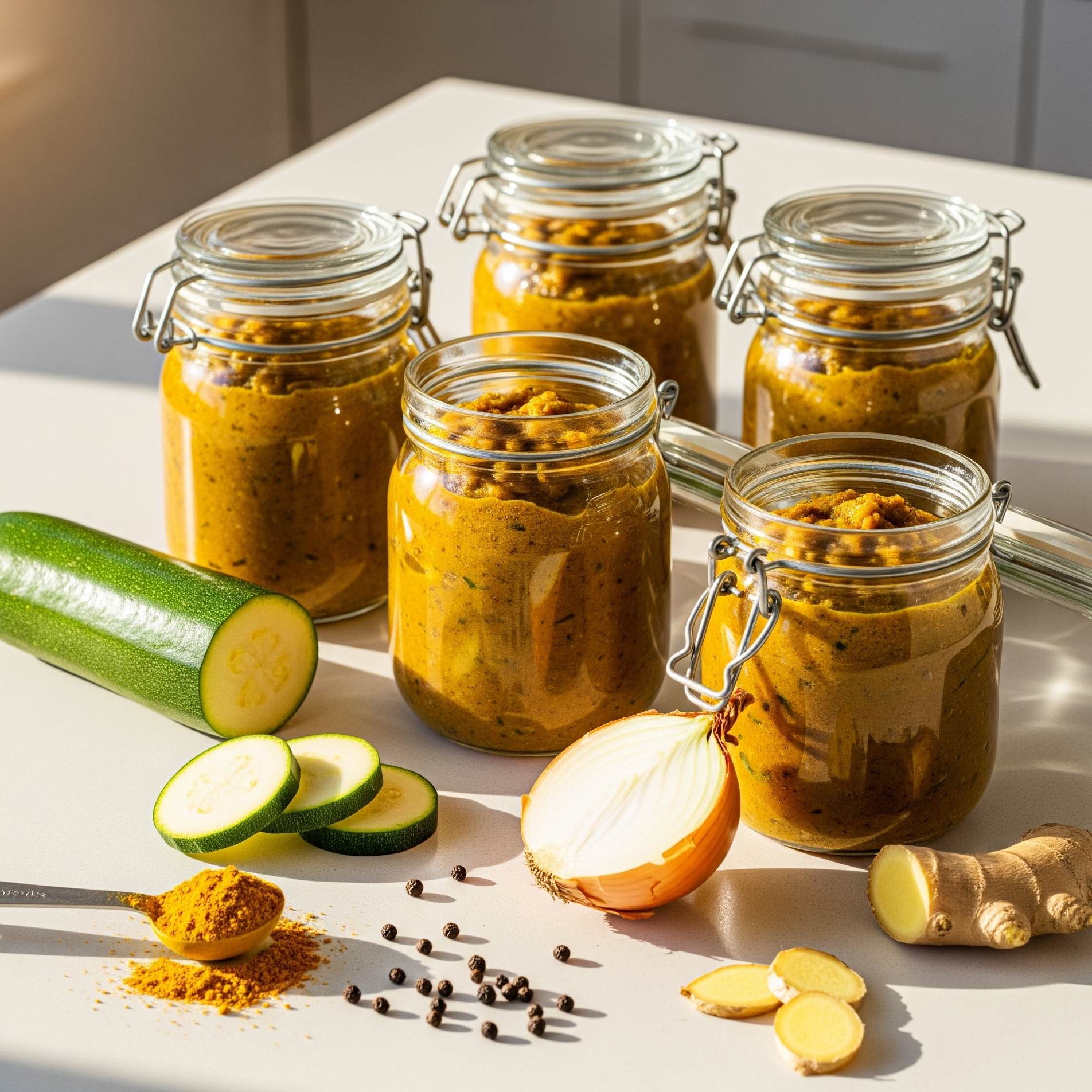 Borcane cu chutney de dovlecei cu curry, pe blat modern de bucătărie