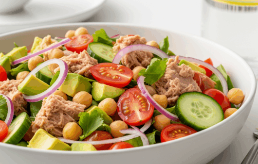 Salată cu ton, năut și avocado într-un bol alb mat, așezat pe o masă elegantă de cină