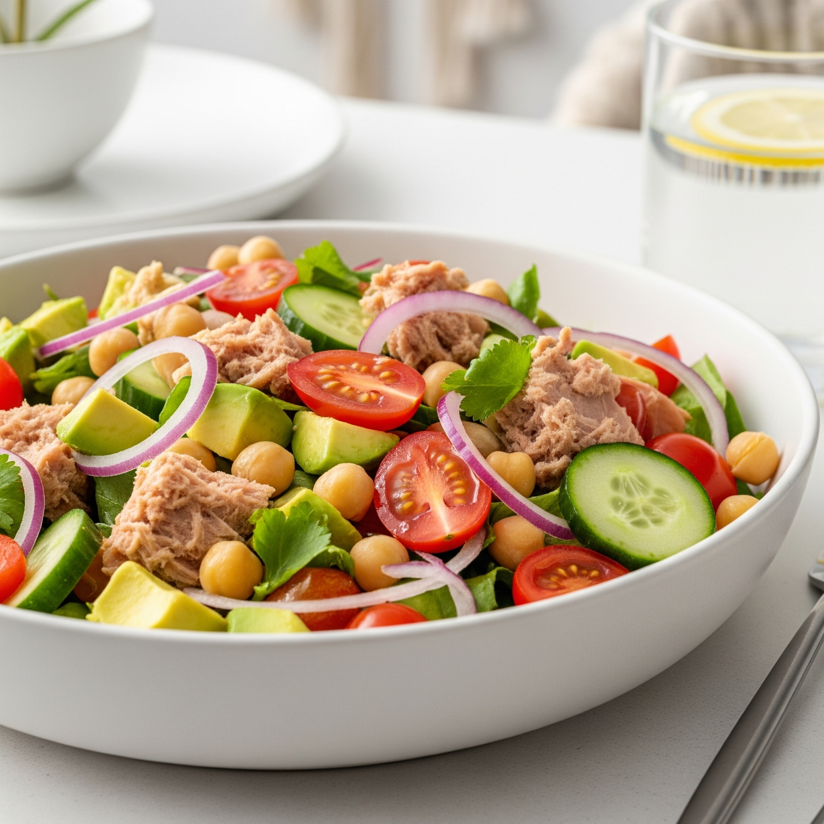 Salată cu ton, năut și avocado într-un bol alb mat, așezat pe o masă elegantă de cină