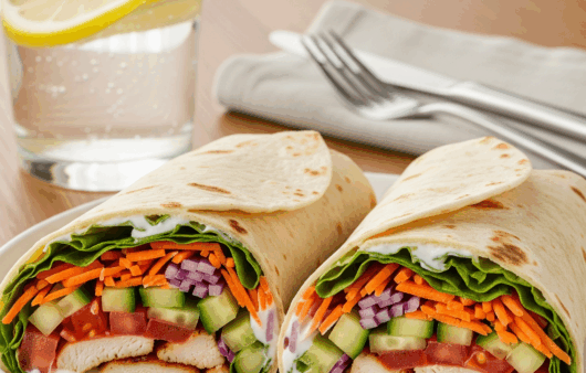 Wrap-uri cu piept de pui și legume proaspete pe farfurie deschisă la culoare