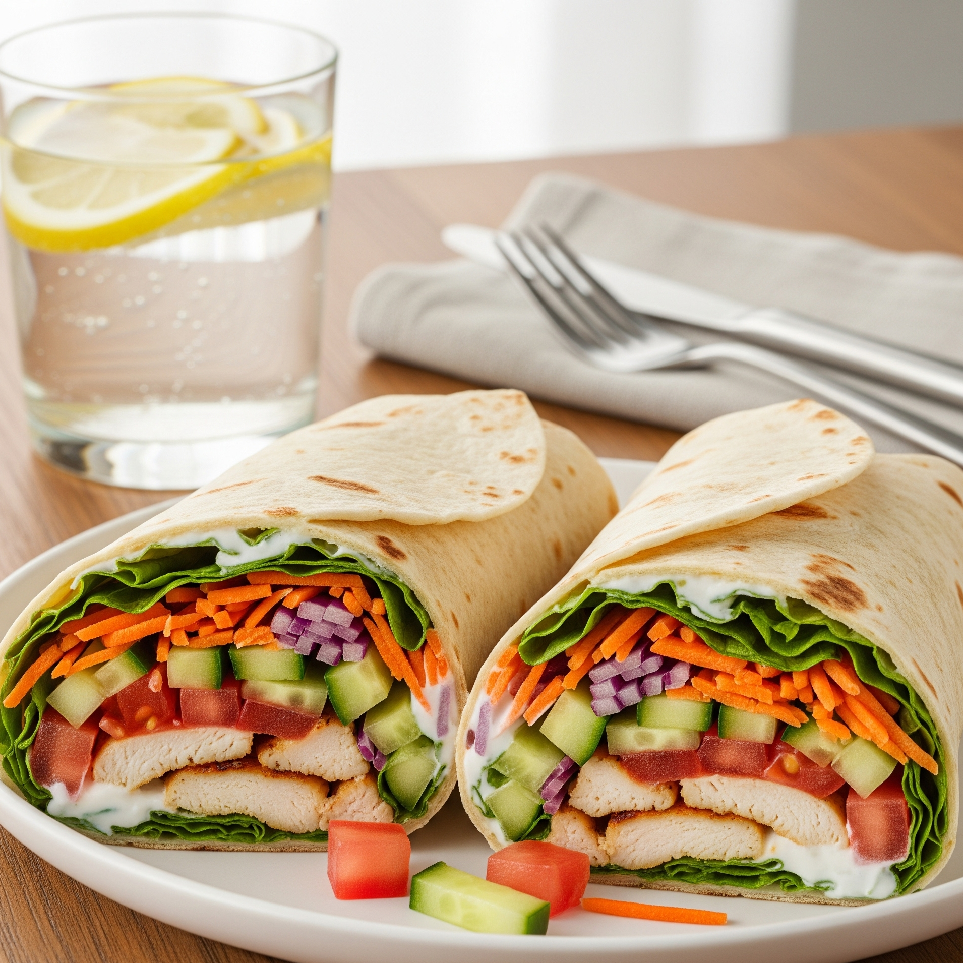 Wrap-uri cu piept de pui și legume proaspete pe farfurie deschisă la culoare