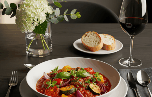 Tocăniță de legume mediteraneene servită cald într-un bol alb elegant, pe o masă aranjată modern
