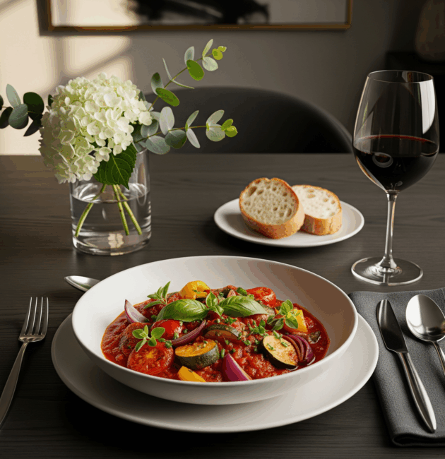 Tocăniță de legume mediteraneene servită cald într-un bol alb elegant, pe o masă aranjată modern