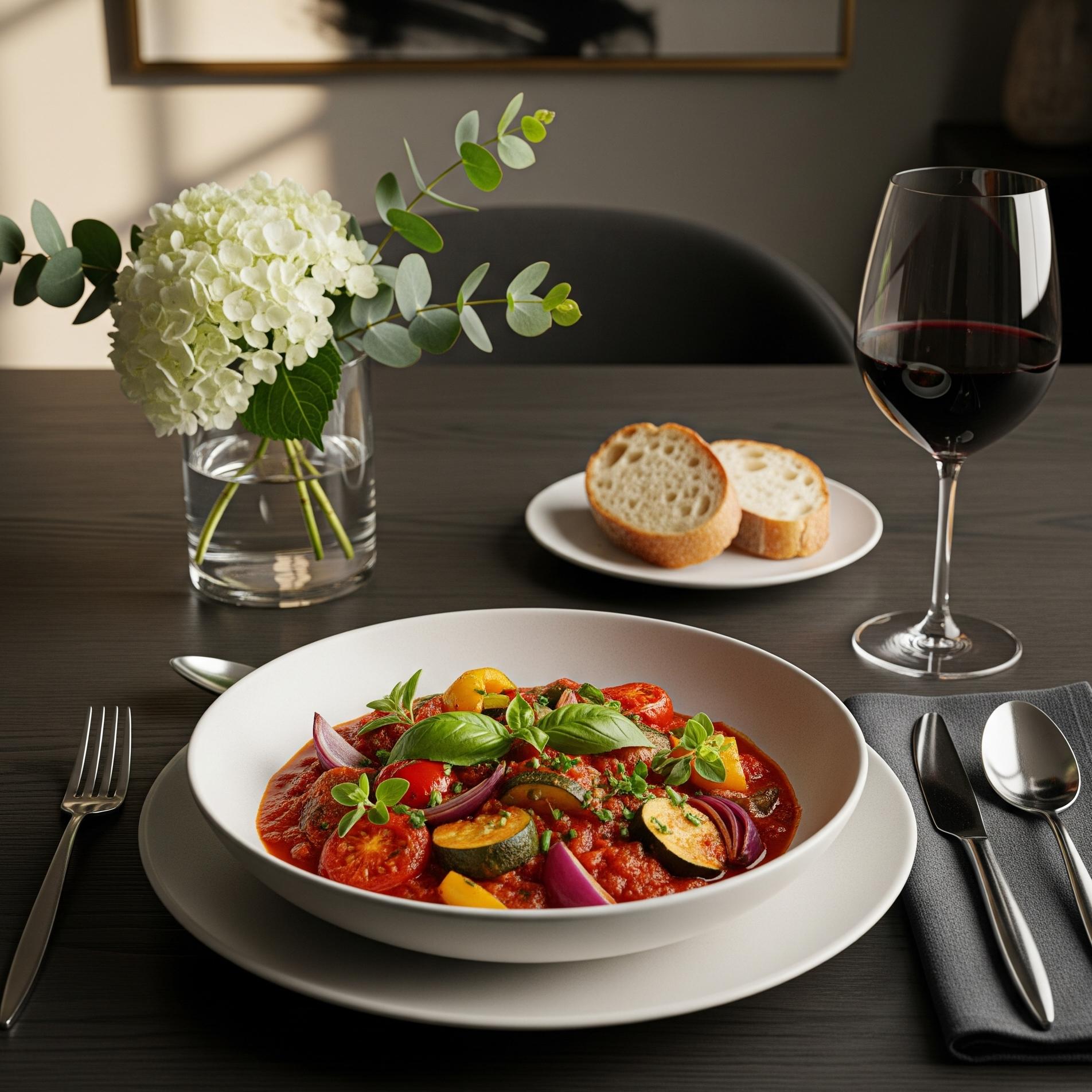 Tocăniță de legume mediteraneene servită cald într-un bol alb elegant, pe o masă aranjată modern