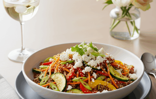 Quinoa cu legume sote și brânză feta servită în bol