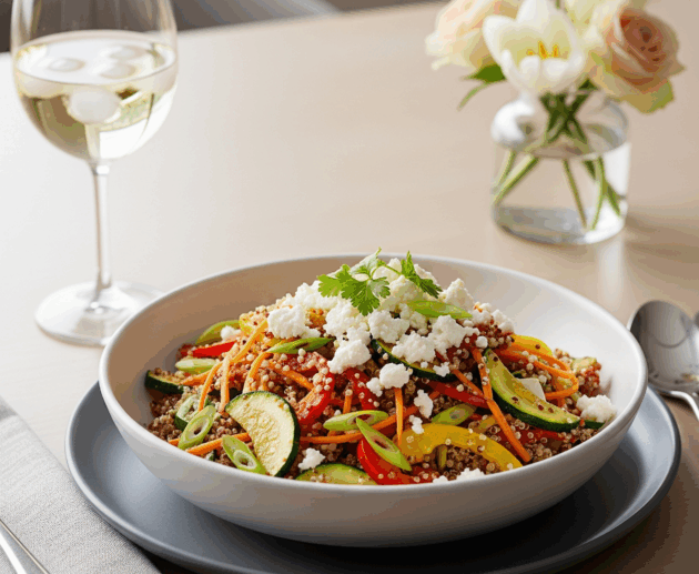 Quinoa cu legume sote și brânză feta servită în bol