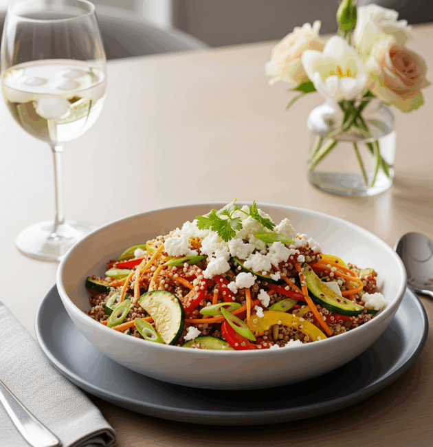 Quinoa cu legume sote și brânză feta servită în bol