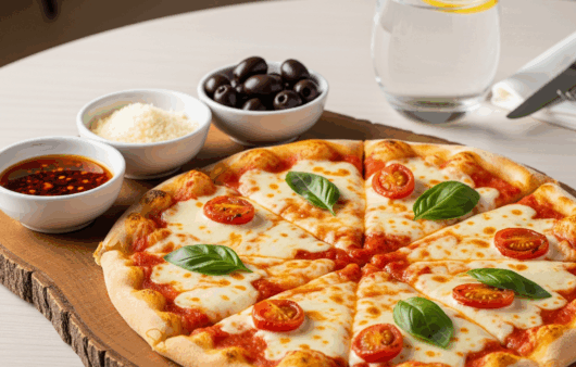 Pizza Margherita coaptă pe blat subțire, cu mozzarella topită, roșii cherry și frunze de busuioc, servită pe un platou rustic din lemn