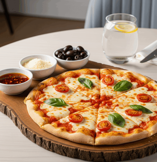 Pizza Margherita coaptă pe blat subțire, cu mozzarella topită, roșii cherry și frunze de busuioc, servită pe un platou rustic din lemn