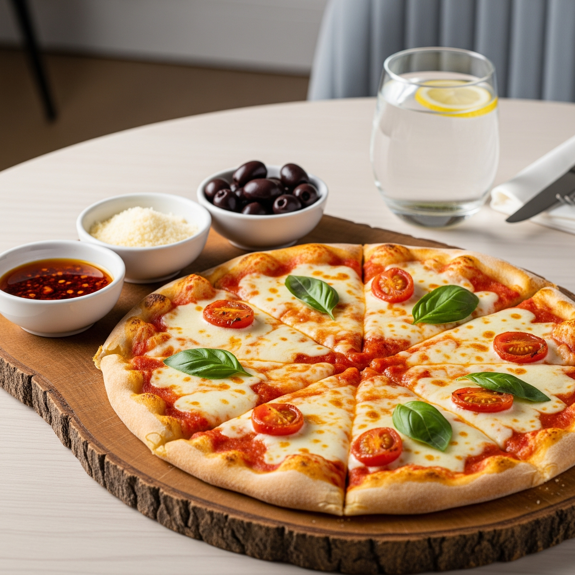 Pizza Margherita coaptă pe blat subțire, cu mozzarella topită, roșii cherry și frunze de busuioc, servită pe un platou rustic din lemn