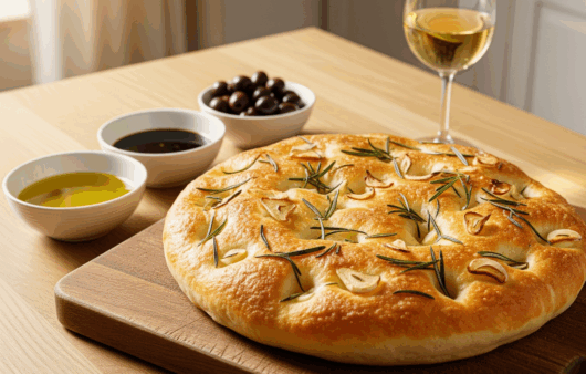 Focaccia rumenă cu rozmarin și usturoi, așezată pe un fundal rustic de lemn, în bucătărie luminoasă