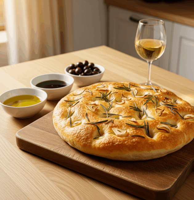 Focaccia rumenă cu rozmarin și usturoi, așezată pe un fundal rustic de lemn, în bucătărie luminoasă