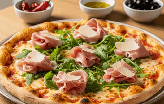 izza cu prosciutto, rucola proaspătă și fulgi de parmezan pe blat subțire, servită rustic pe o farfurie din ceramică