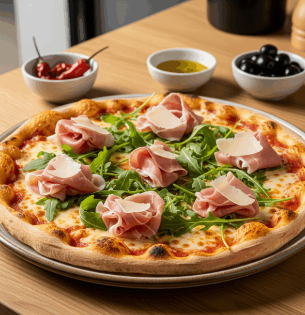 izza cu prosciutto, rucola proaspătă și fulgi de parmezan pe blat subțire, servită rustic pe o farfurie din ceramică