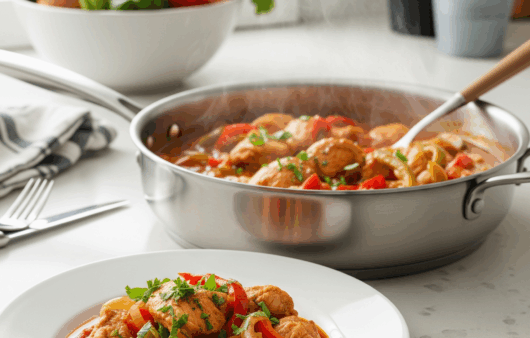 Tocăniță de pui cu ardei roșu și verde, ceapă și sos bogat roșu, servită cu pătrunjel proaspăt într-o farfurie albă