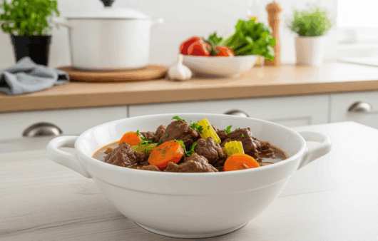 Tocăniță de vită cu vin roșu, morcovi și țelină, servită într-un bol alb, decorată cu pătrunjel verde, pe fundal de bucătărie modernă
