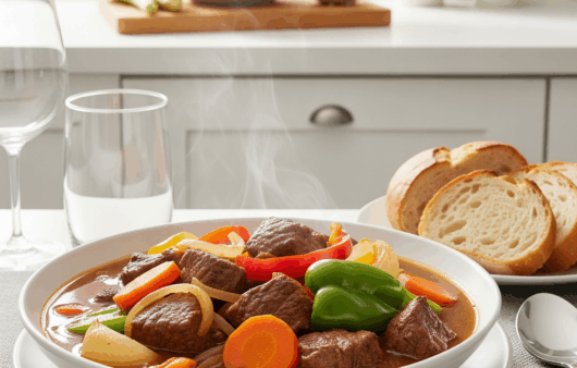 Tocăniță de vită cu carne fragedă și legume colorate, în bol de ceramică albă