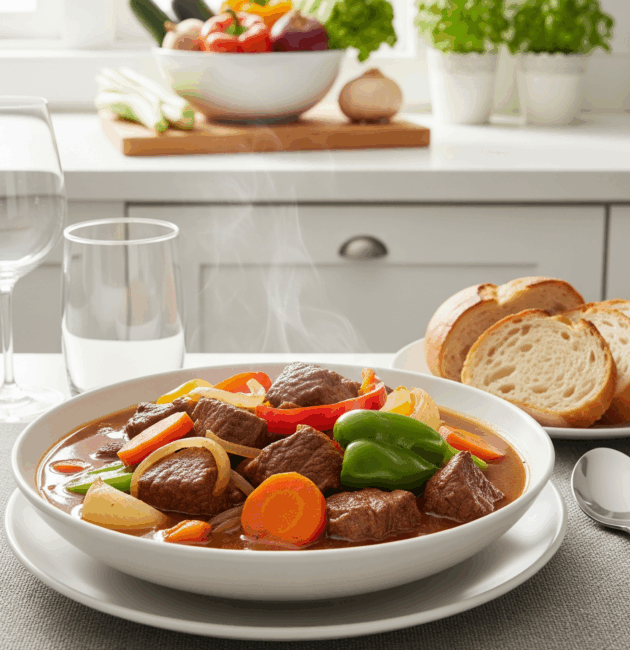 Tocăniță de vită cu carne fragedă și legume colorate, în bol de ceramică albă