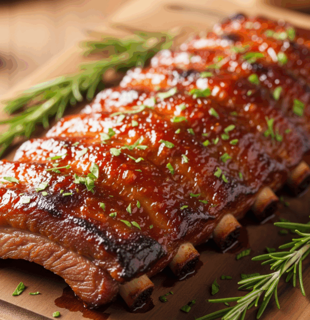 Coaste de porc fragede, cu glazură lucioasă de BBQ și miere, pe tocător de lemn