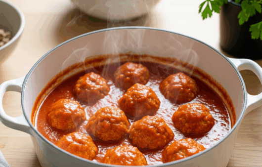 Chiftele fragede din carne de pui în sos de roșii, cu pătrunjel verde