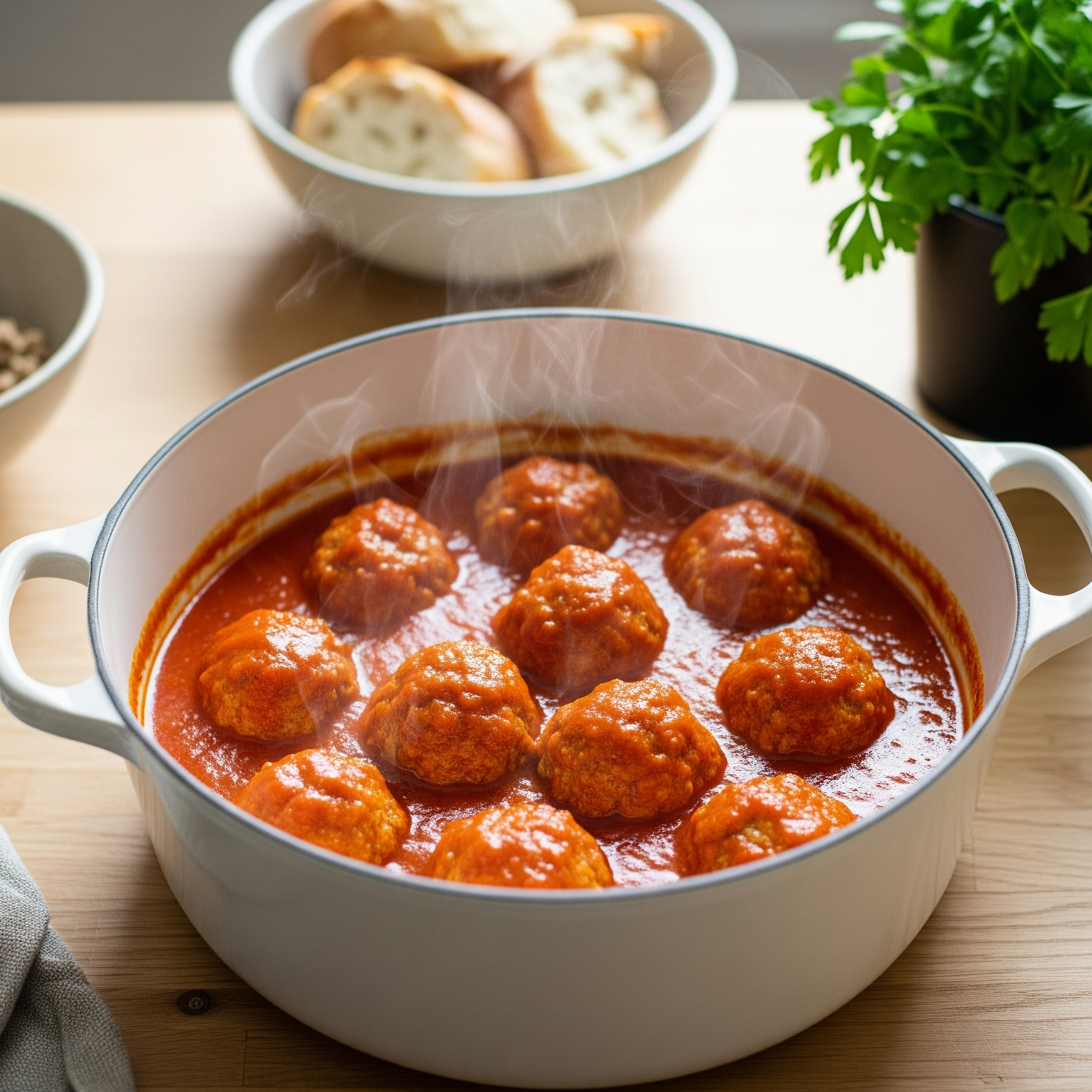 Chiftele fragede din carne de pui în sos de roșii, cu pătrunjel verde