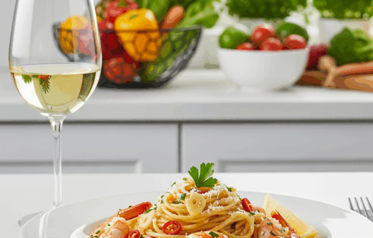 Spaghete cu creveți sotați în unt, ulei de măsline, usturoi și fulgi de chili, servite cu pătrunjel și parmezan.